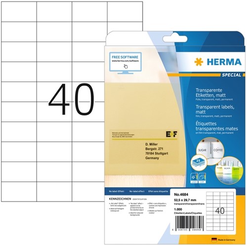Etiket A4  52,5x 29,7mm Herma 4384 mat transparant ds/1000