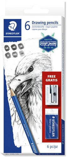 Potlodenset Staedtler Design Journey Lumograph pk/6 + gratis gum en puntenslijper