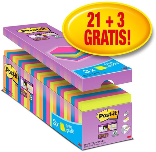 Post-it memoblokje  76x 76mm 654-SS-VP24COL-EU Super Sticky assorti pak/24