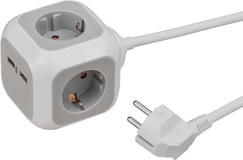 Stekkerblok Brennenstuhl 4-voudig incl. 2 USB 140cm grijs wit