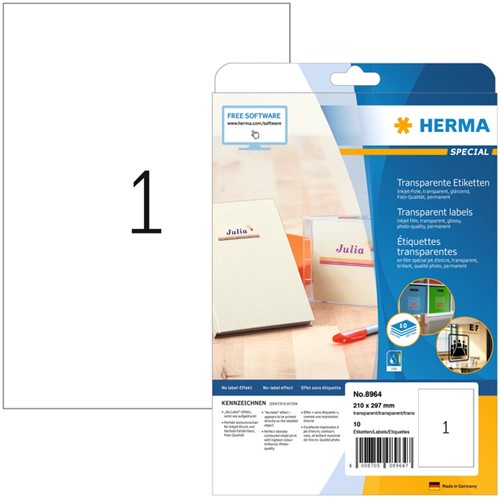 Etiket A4 210x297,7mm Herma 8964 transparant polyester glossy inkjet pak/10