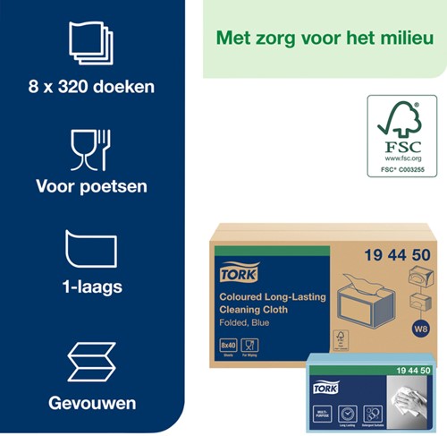 Reinigingsdoek Tork W8 194450 gevouwen blauw 40vel-3