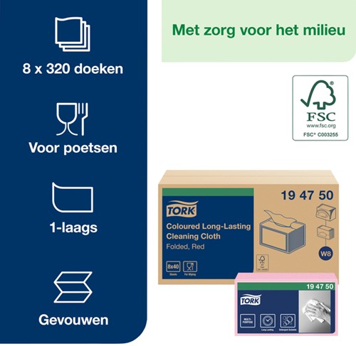 Reinigingsdoek Tork W8 194750 gevouwen rood 40vel-3