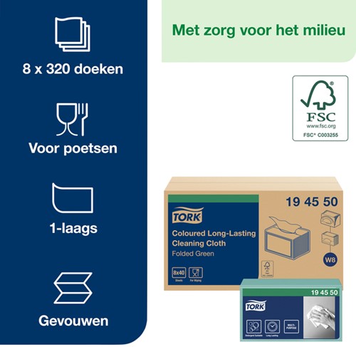 Reinigingsdoek Tork W8 194550 gevouwen groen 40vel-3