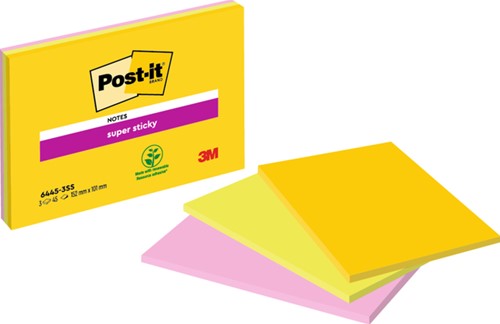Post-it memoblokje 101x152mm 6445 Super Sticky assorti pk/3