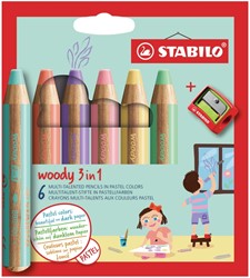 Kleurpotloden STABILO Woody 880/18 set à 6 pastelkleuren met puntenslijper