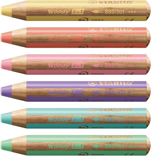 Kleurpotloden STABILO Woody 880/18 set à 6 pastelkleuren met puntenslijper-2