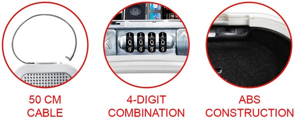 Scheiden specificatie of Draagbare kluis Master Lock Safe space met combinatieslot en kabel wit  DEKAS 2021