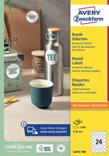 Etiket Avery Zweckform L3415 rond 40mm wit 100 Vel