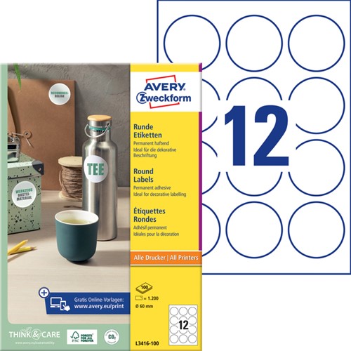 Etiket Avery Zweckform L3416 rond 60 mm wit 100 Vel-2