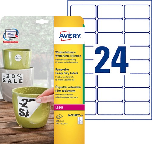 Etiket A4 63.5x33.9mm Avery L4773REV-20 wit pk/480-2