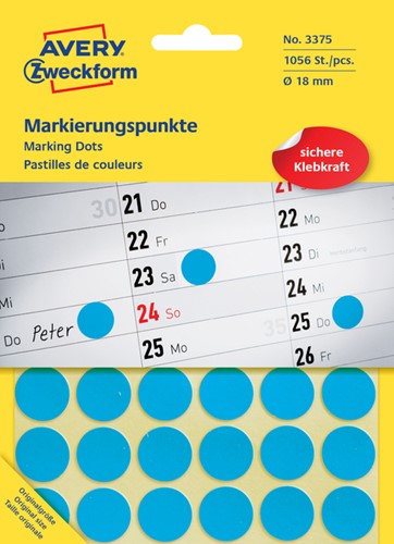 Etiket Avery Zweckform 3375 rond 18mm blauw 1056stuks