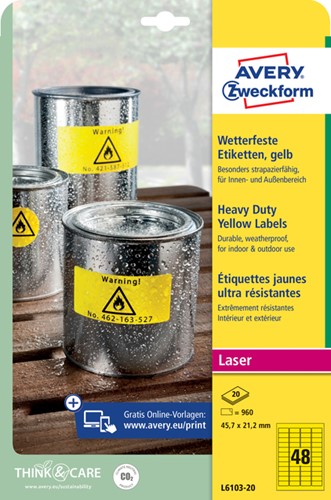 Etiket A4 45.7x21.2mm Avery Zweckform L6103-20 geel pk/960
