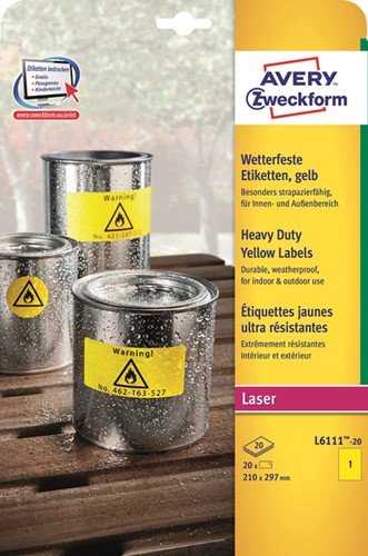 Etiket A4 210x297mm Avery Zweckform L6111-20 geel pk/20