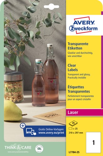 Etiket A4 210x297mm Avery Zweckform L7784-25 transparant pk/25