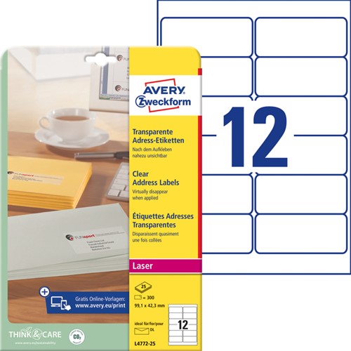 Etiket A4 99.1x42.3 mm Avery Zweckform L4772-25 transparant mat pk/300-2