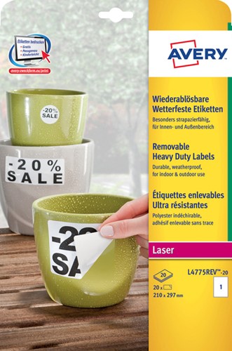 Etiket A4 210x297mm Avery L4775REV-20 wit pk/20
