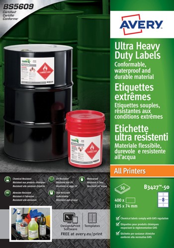 Etiket A4 105x74mm Avery B3427-50 polyethyleen wit pk/400