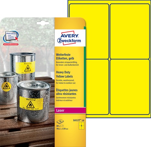 Etiket A4 99.1x139mm Avery Zweckform L6127-20 geel pk/80