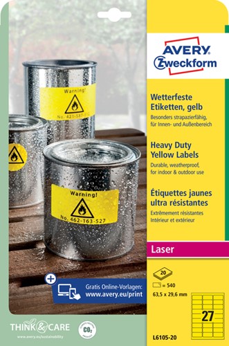 Etiket A4 63.5x29.6mm Avery Zweckform L6105-20 geel pk/540