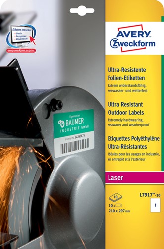 Etiket A4 210x297mm polyethyleen Avery Zweckform L7917-10 wit pk/10