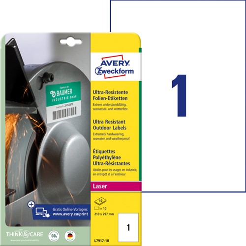Etiket A4 210x297mm polyethyleen Avery Zweckform L7917-10 wit pk/10-2