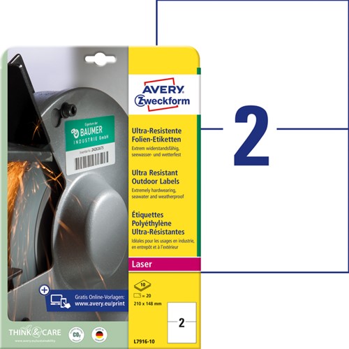 Etiket A4 210x148mm Avery Zweckform L7916-10 polyethyleen wit pk/20-2