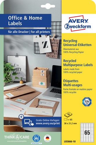 Etiket A4 38x21.2mm Avery Zweckform LR3666-10 recycled wit pk/650