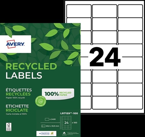 Etiket A4 33.9x63.5mm Avery LR7159-100 recycled wit pk/2400-2