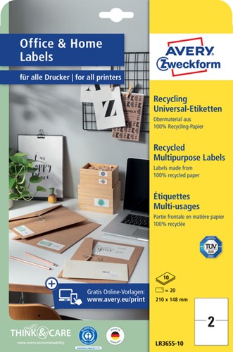 Etiket A4 210x148mm Avery Zweckform LR3655-10 recycled wit pk/20