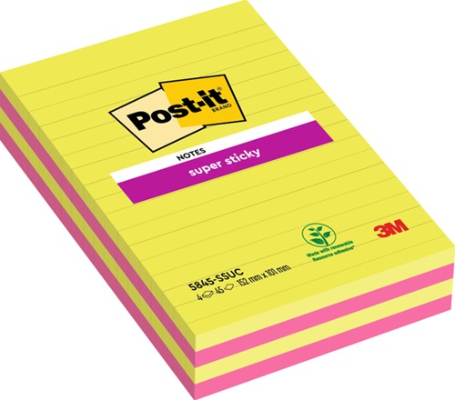 Post-it memoblokje 127x203mm 3M 584 Super Sticky lijn assorti 
