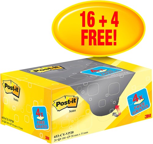 Post-it memoblokje 38x51mm 3M 653 geel 16 + 4 gratis