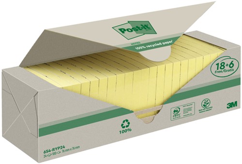 Post-it memoblokje  76x 76mm 3M 654 recycle geel 18 + 6 gratis