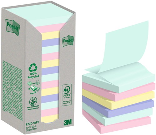 Post-it memoblokje  76x 76mm 3M Z-Note R330 recycle assorti kleur