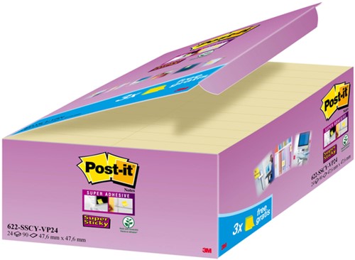 Post it memoblokje 47.6x47.6mm 3M 622 Super Sticky  geel 21 + 3 gratis