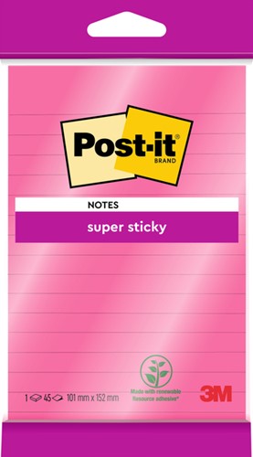 Post-it memoblokje 101x152mm 4645 Super Sticky lijn roze
