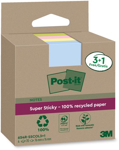 Post-it memoblokje  76x 76mm 654 RSSCOL assorti kleur 3+1 gratis