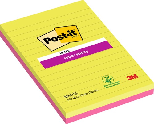  Post-it memoblokje 127x203mm 5845 Super Sticky lijn assorti kleur