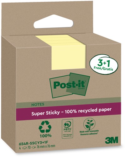 Post-it memoblokje  76x 76mm 654 RSSCOL geel 3+1 gratis