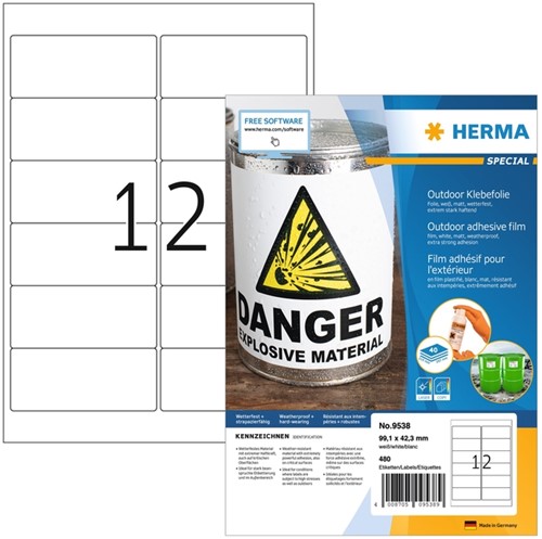Etiket HERMA 9538 99.1x42.3mm weerbestendig 480stuks wit