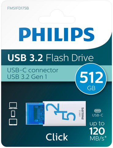 USB stick 3.2 Philips Click USB-C 512GB blauw