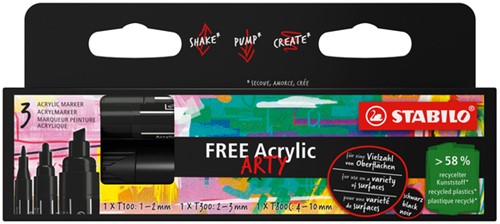 Acrylmarker STABILO  Free Acrylic Mixed Tip pk/3 breedtes zwart