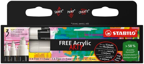 Acrylmarker STABILO  Free Acrylic Mixed Tip pk/3 breedtes wit
