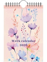 Weekkalender 2026 Lannoo 155x220 Flowers watercolour 7dagen/1pagina roze