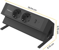 Stekkerdoos Fellowes Power Desk UP zwart,  2x 230V + 1x USB-A + 1x USB-C, 1m kabel GST18 aansluiting-2