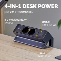 Stekkerdoos Fellowes Power Desk UP zwart,  1x 230V + 1x USB-A + 1x USB-C, 1m kabel GST18 aansluiting-2