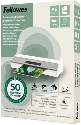 Lamineerhoes Fellowes A6 2x75micron recycled mat 100stuks
