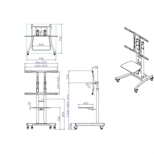 Verrijdbaar onderstel tbv groot LCD scherm of TV, van 32" tot 100", tot 125kg, excl. montage-2