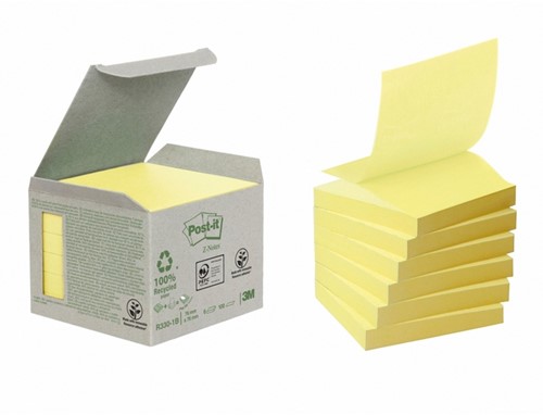 Post-it memoblokje  76x 76mm Z-note R330-1B recycled geel pk/6