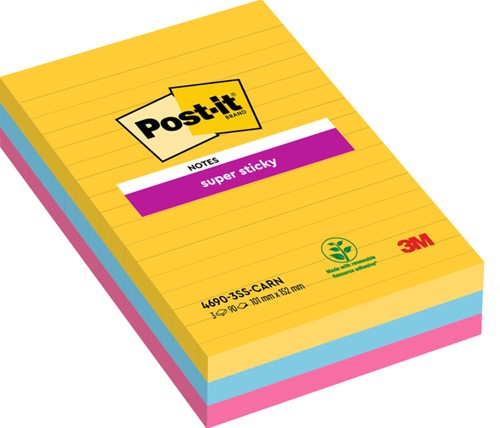 Post-it memoblokje 101x152mm 4960 Super Sticky rio pk/3 